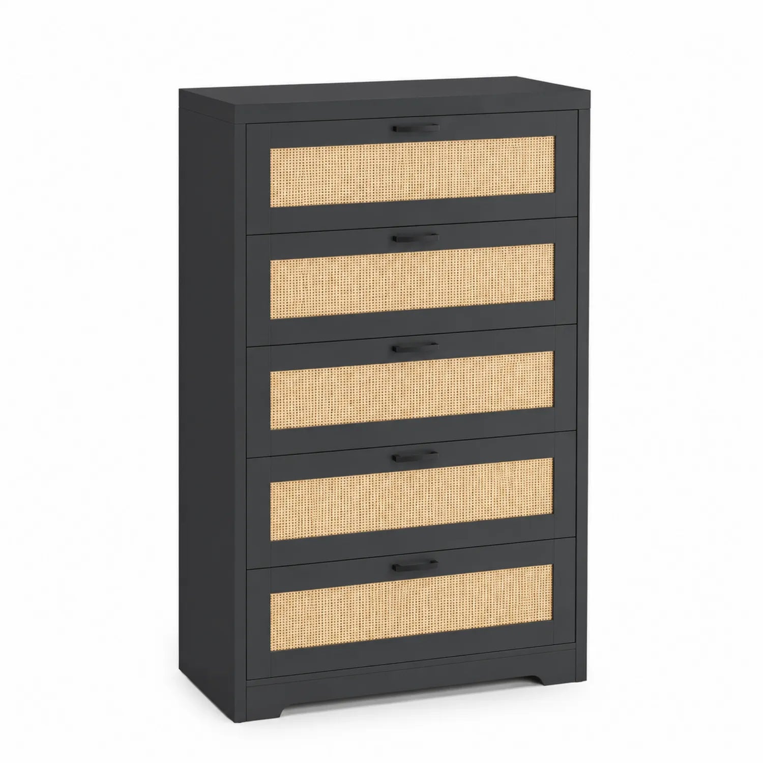 Cassettiera nera in MDF e rattan con 5 cassetti