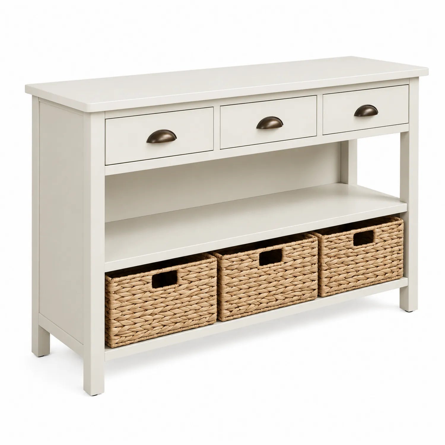 Consolle in Legno MDF Bianco con Cesti in Vimina
