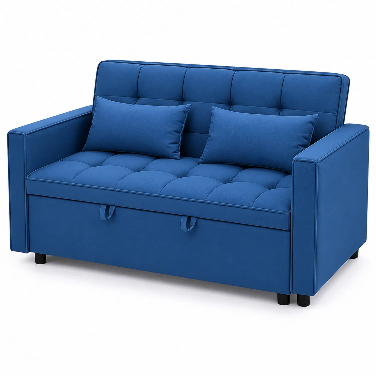 Divano letto a due posti in tessuto blu con cuscini, 180x90x80 cm