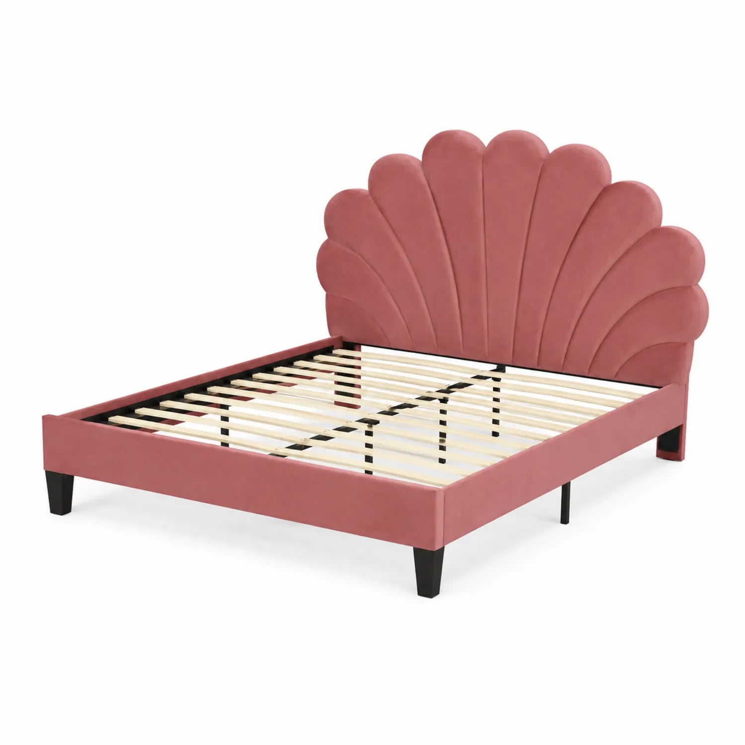 Letto matrimoniale con testiera a conchiglia in velluto rosa