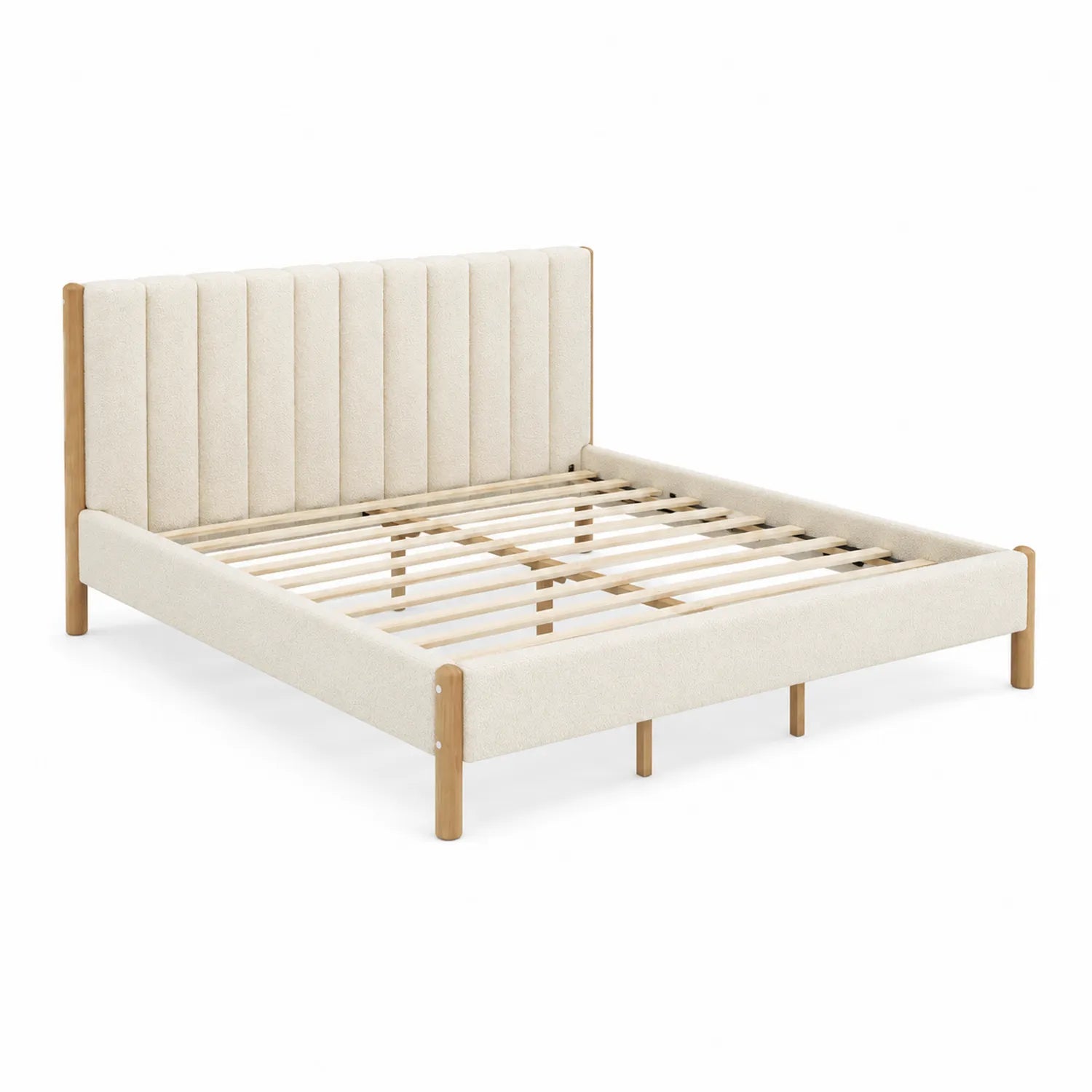Letto matrimoniale in legno con testiera in tessuto beige