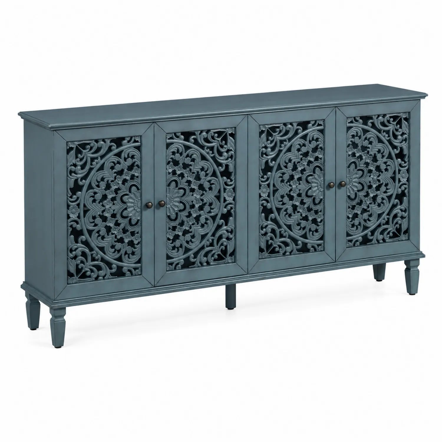 Credenza in Legno Blu Intagliata con Dettagli Floreali 180x40x90 cm