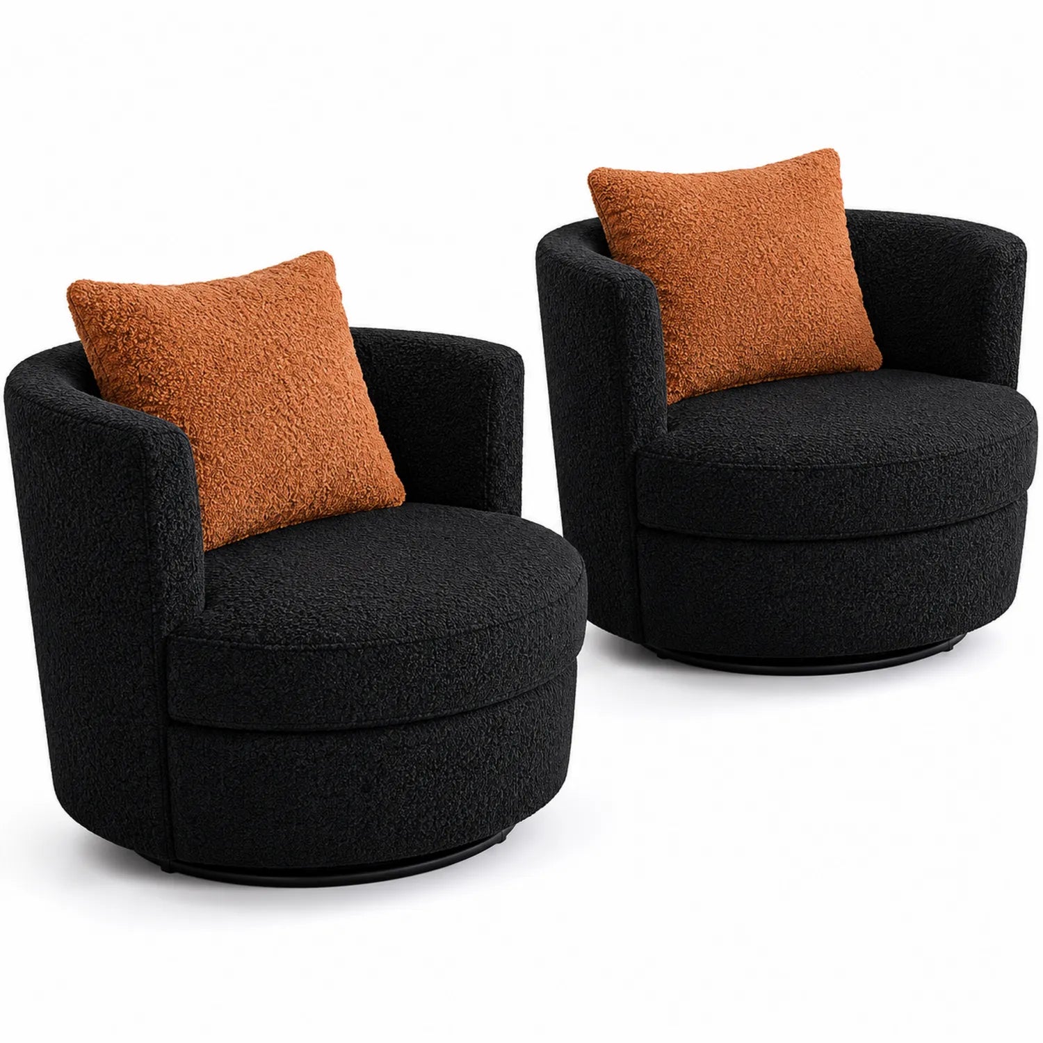 Set di 2 poltrone girevoli in tessuto nero con cuscini arancioni