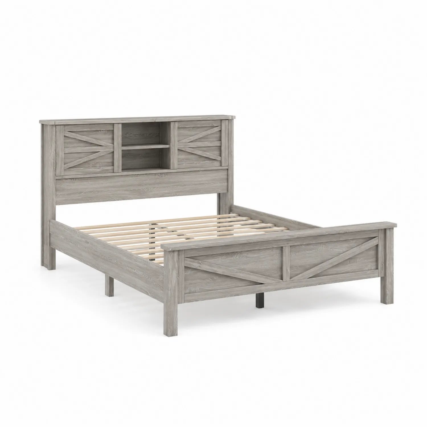 Letto matrimoniale in MDF effetto rovere grigio con testiera a scaffali