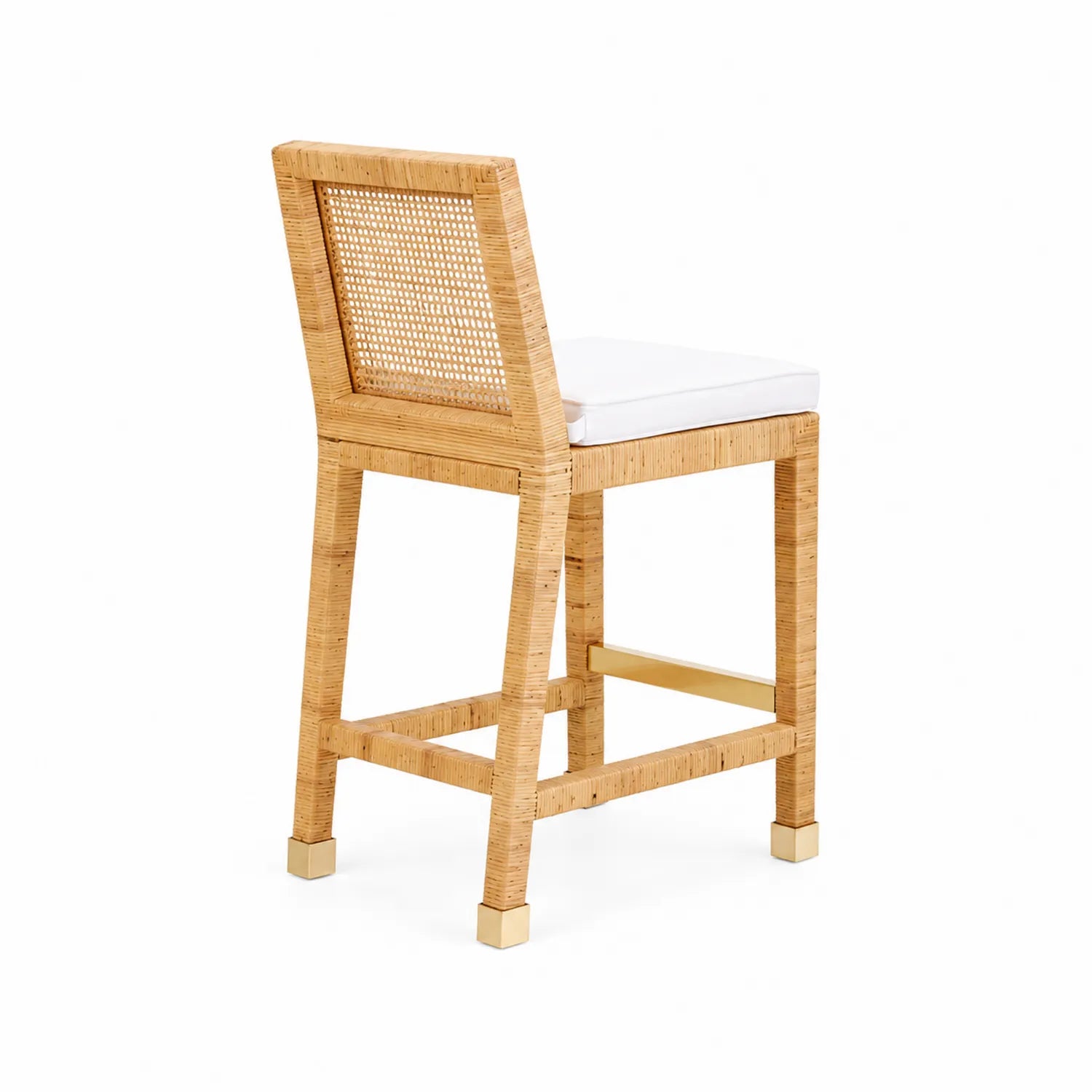 Sgabello da bar in rattan con seduta imbottita in poliestere bianca