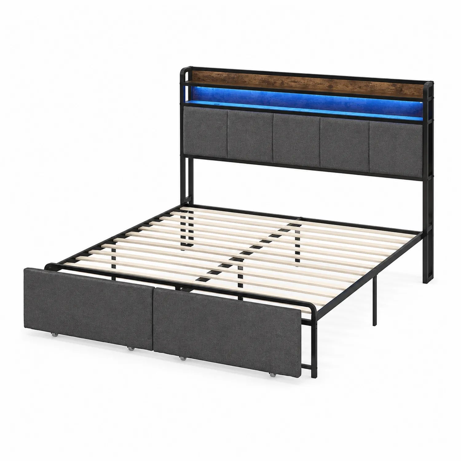Letto matrimoniale in metallo, legno e tessuto grigio con LED, 200x160 cm