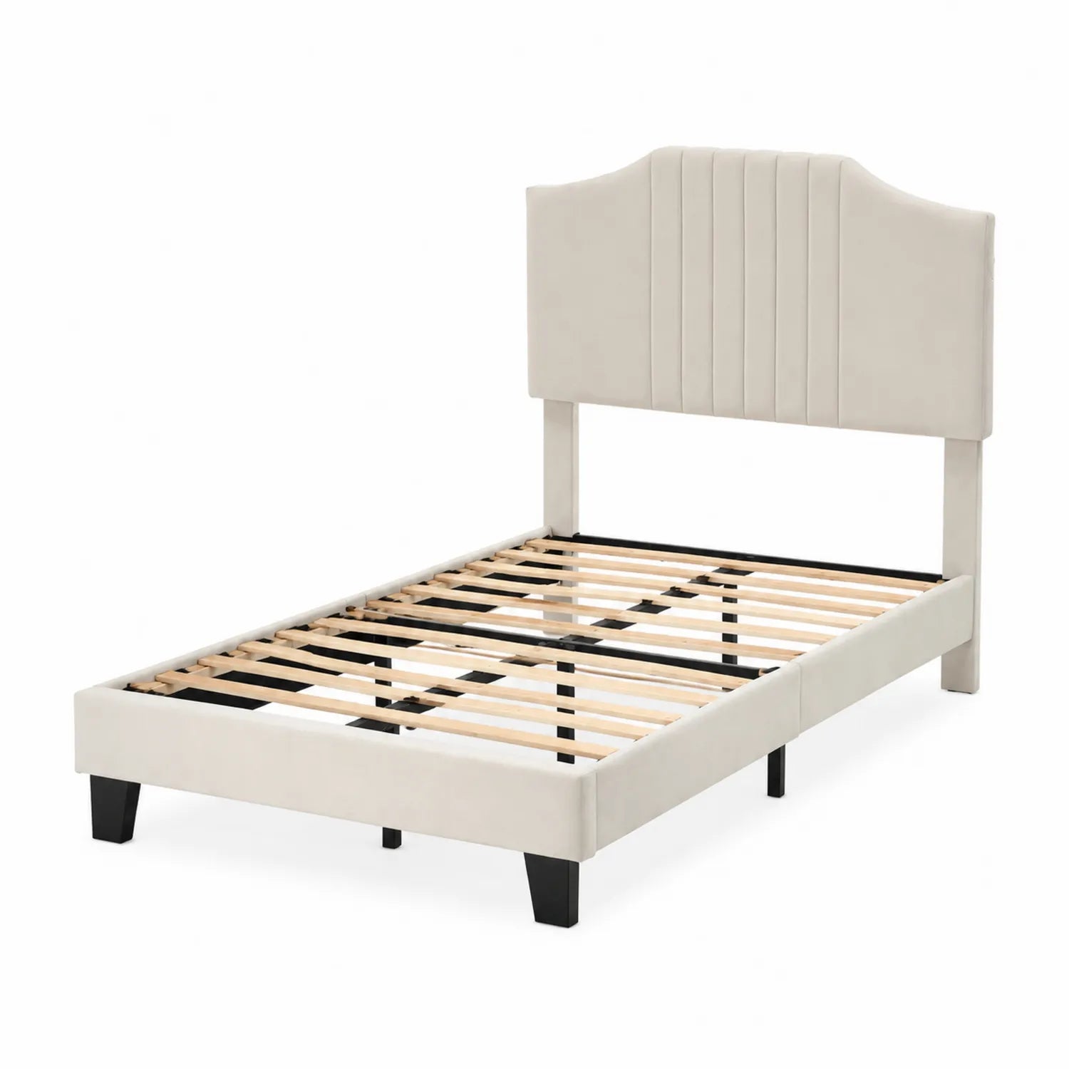 Letto singolo in tessuto beige con struttura in legno