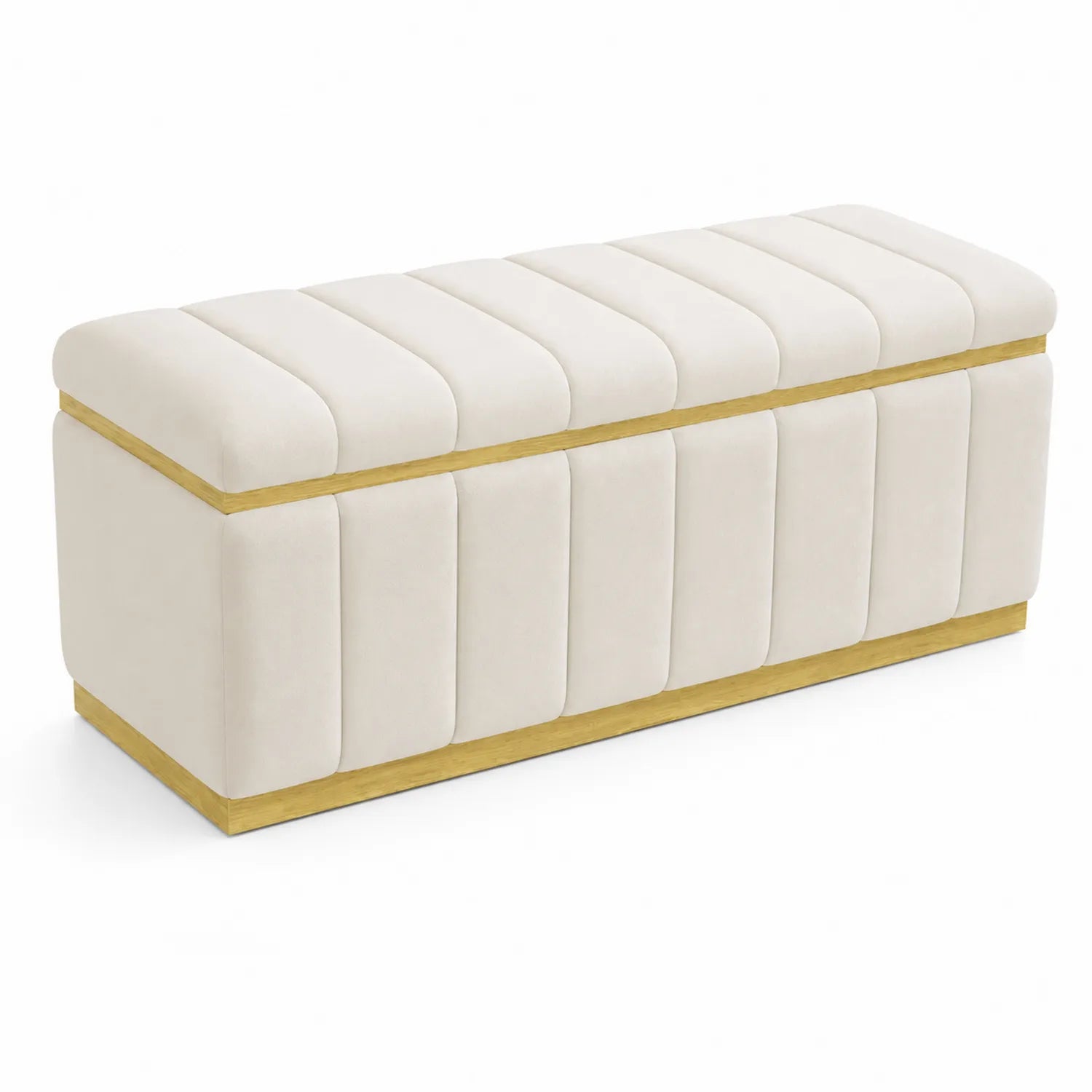 Panca in tessuto vellutato bianco crema con base in legno massello