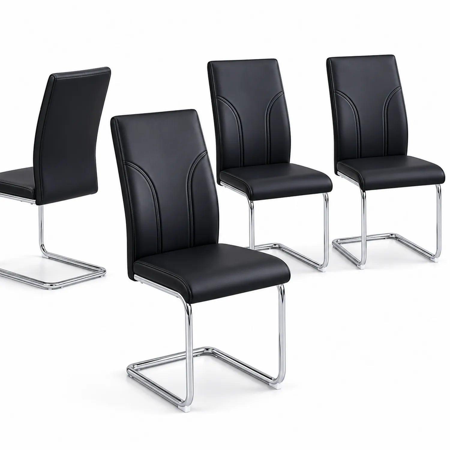 Set di 4 Sedie in Pelle Sintetica Nero con Struttura in Metallo Cromato