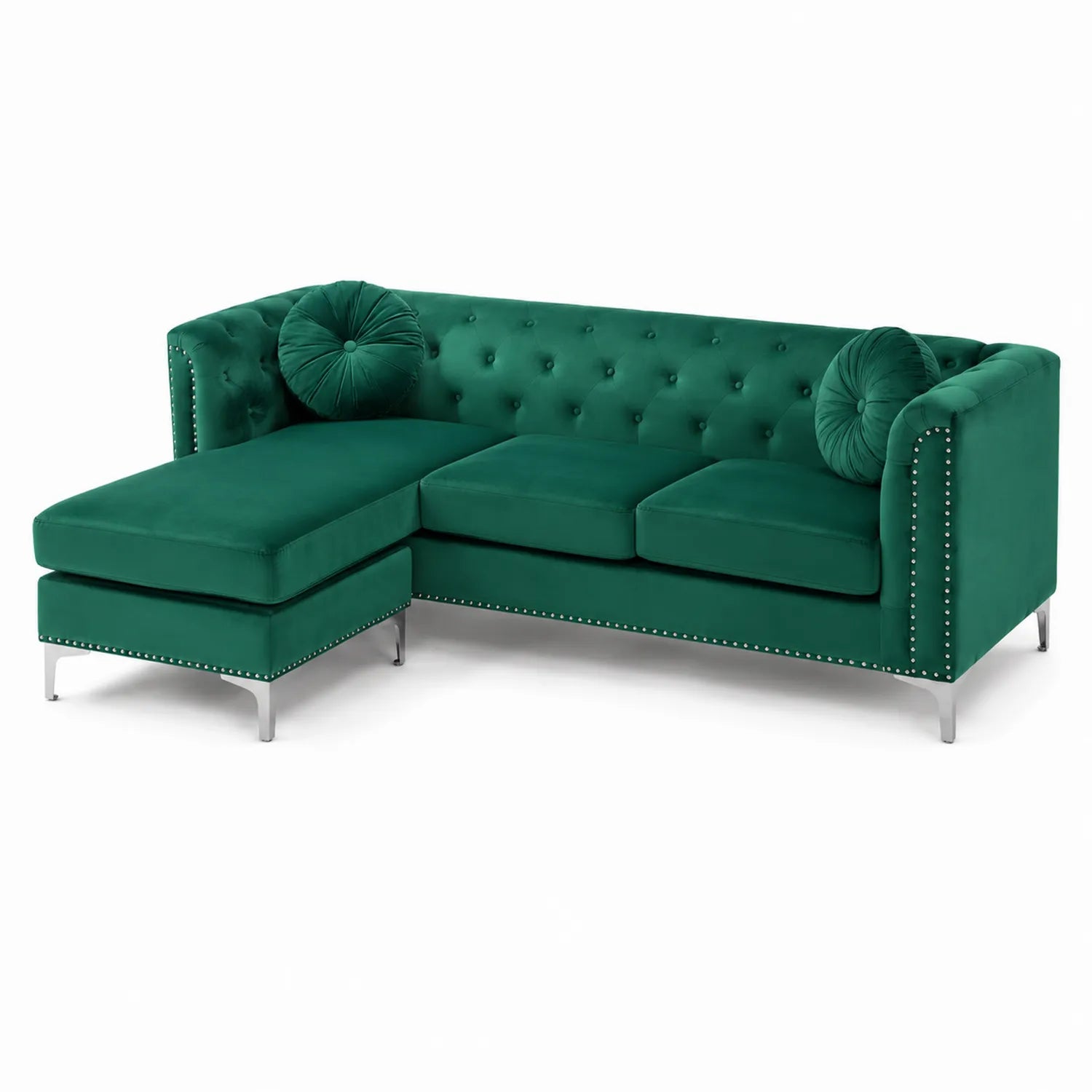 Divano angolare in velluto con chaise longue e cuscini, 260x160x85 cm