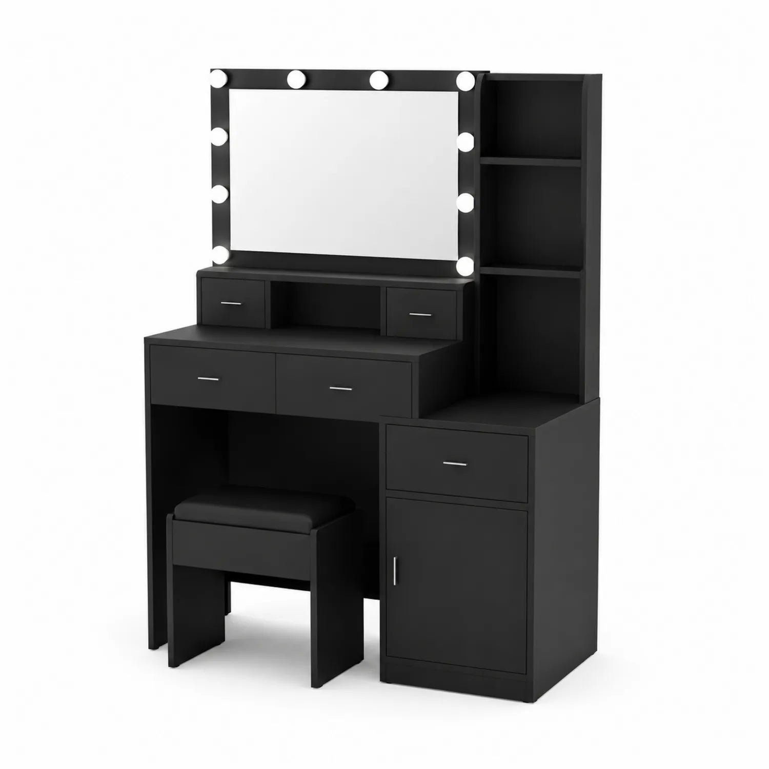 Set da Toeletta Nero con Specchio e Luci LED, Sgabello e Cassetti, 140x40x160 cm
