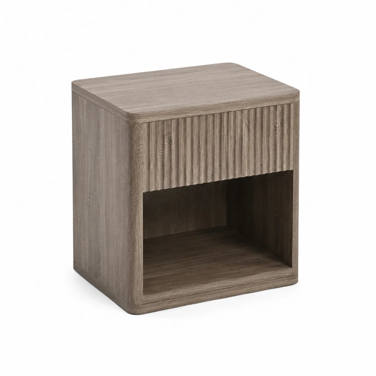 Comodino in legno composito marrone con finitura a coste