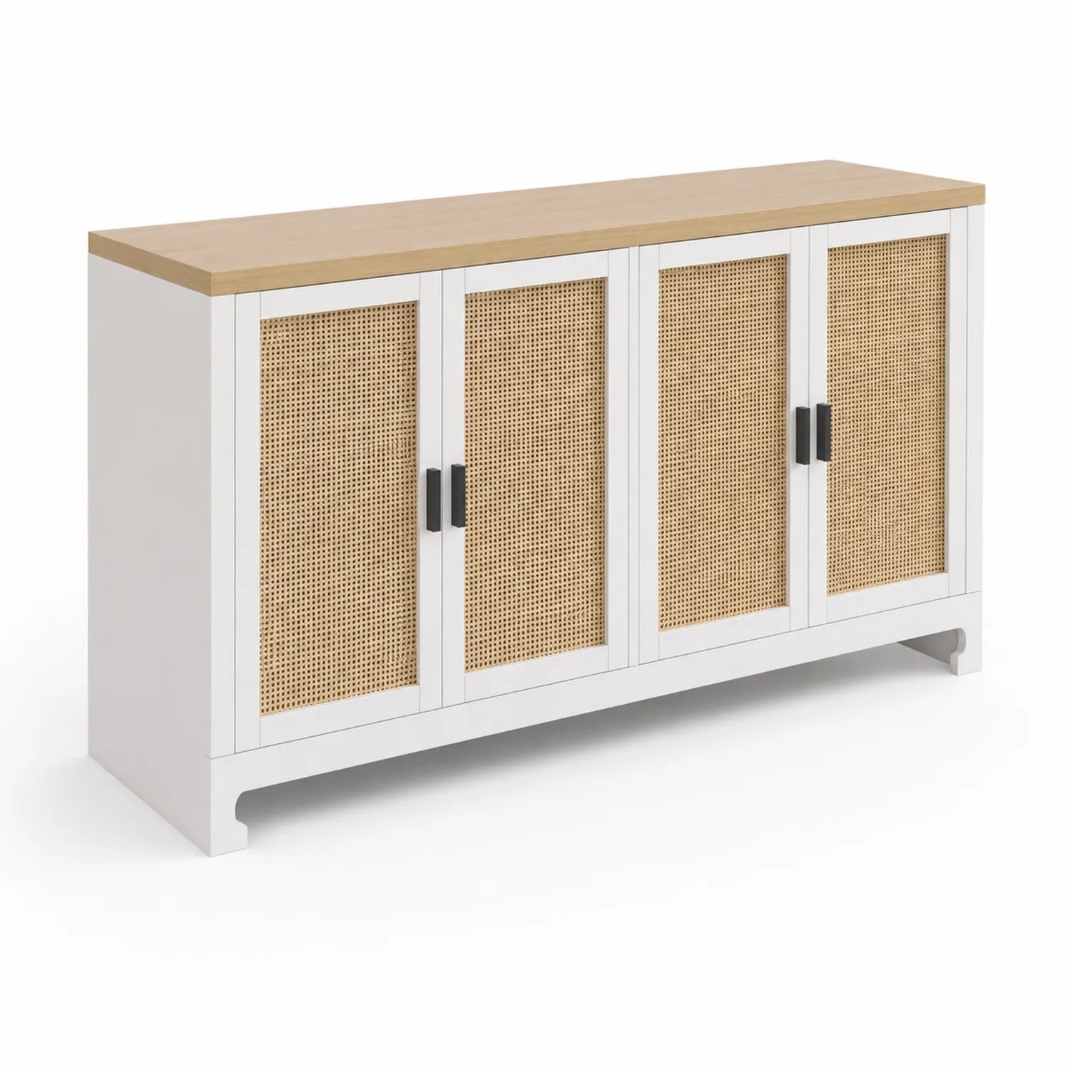 Credenza rettangolare in legno e rattan bianco e naturale 180x40x90 cm