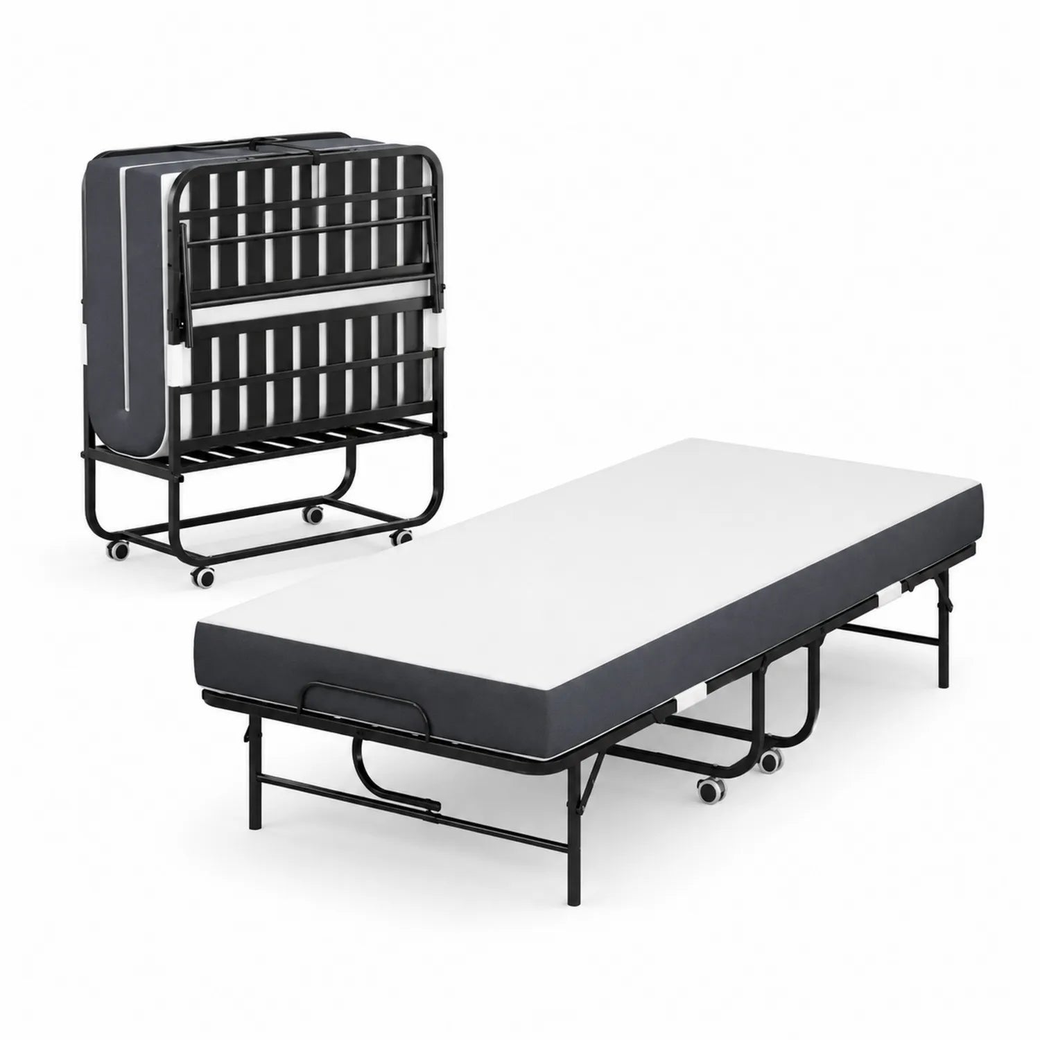 Letto pieghevole in acciaio con materasso in schiuma e rotelle