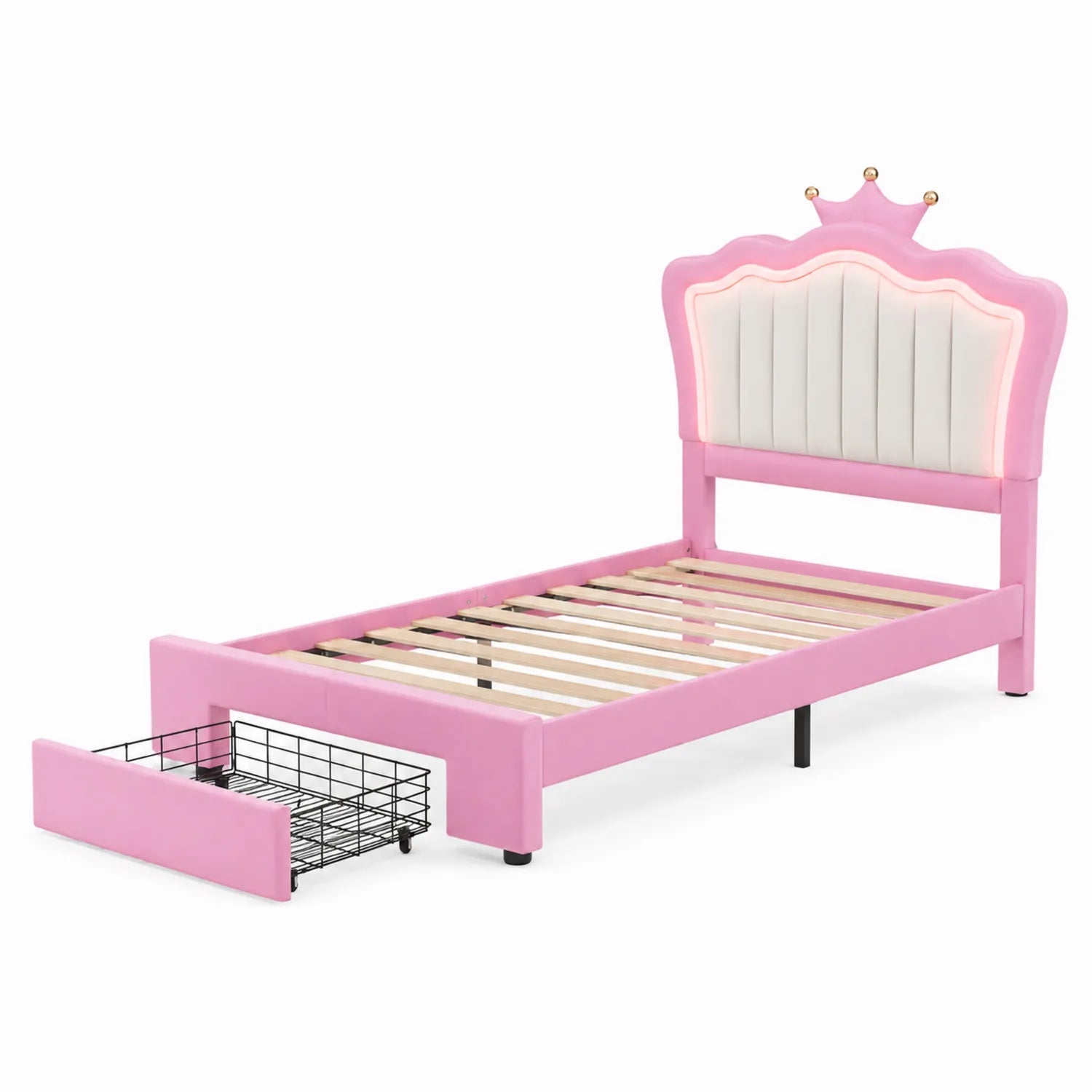 Letto per bambini rosa con testiera a forma di corona e cassetto estraibile