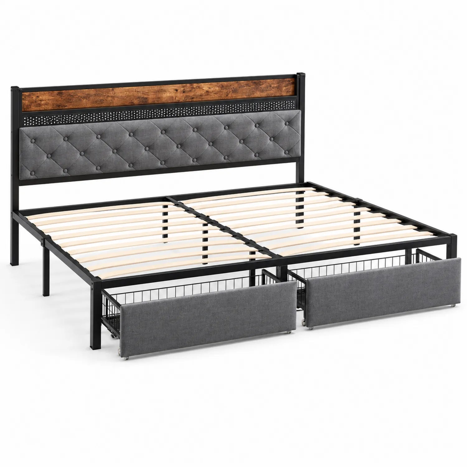 Letto matrimoniale in metallo e tessuto grigio con cassetti