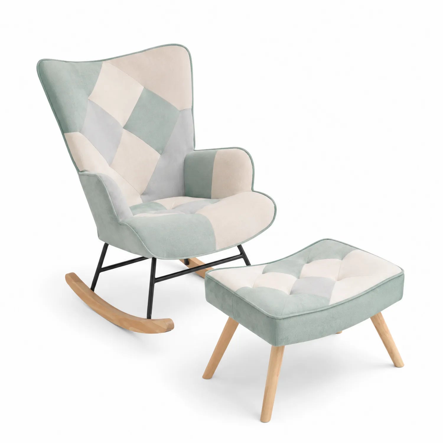 Sedia a dondolo e poggiapiedi in tessuto patchwork