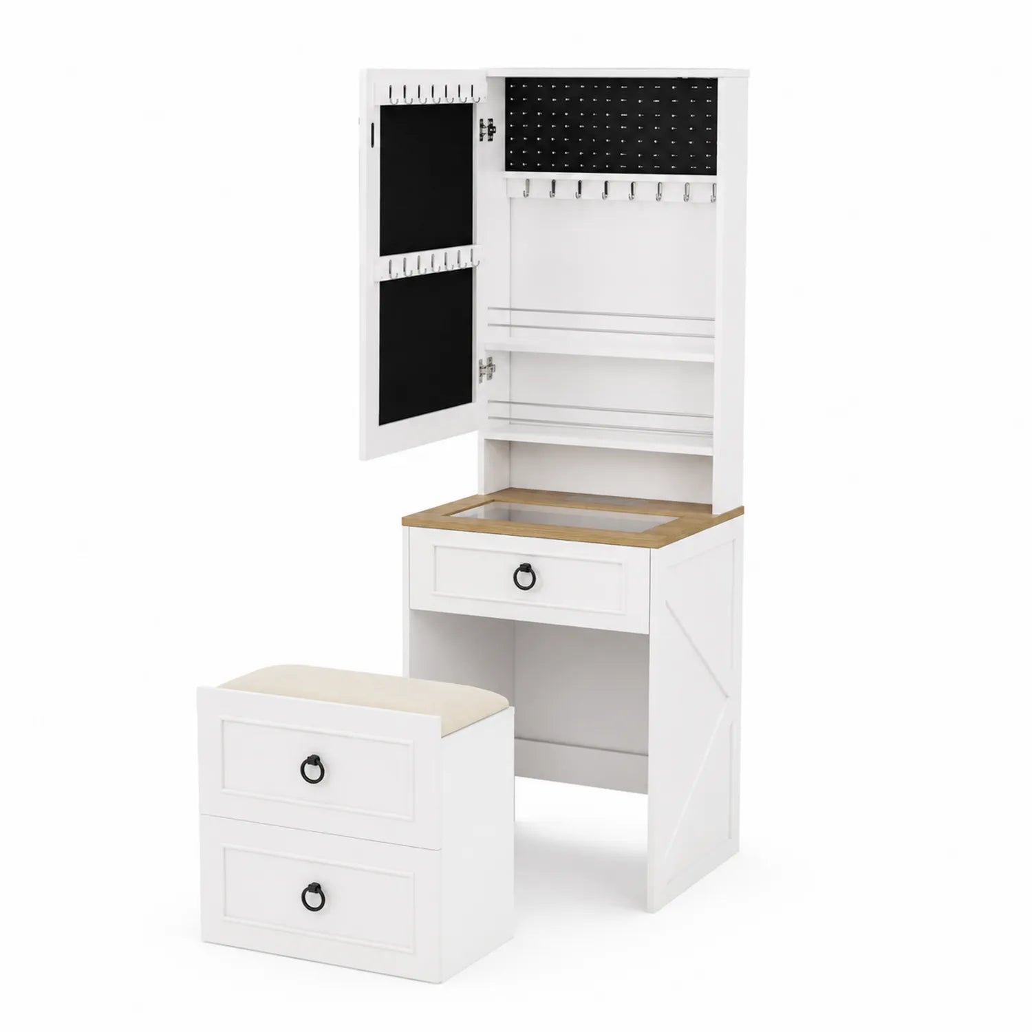 Toeletta in Legno MDF Bianco con Specchio e Sgabello Imbottito