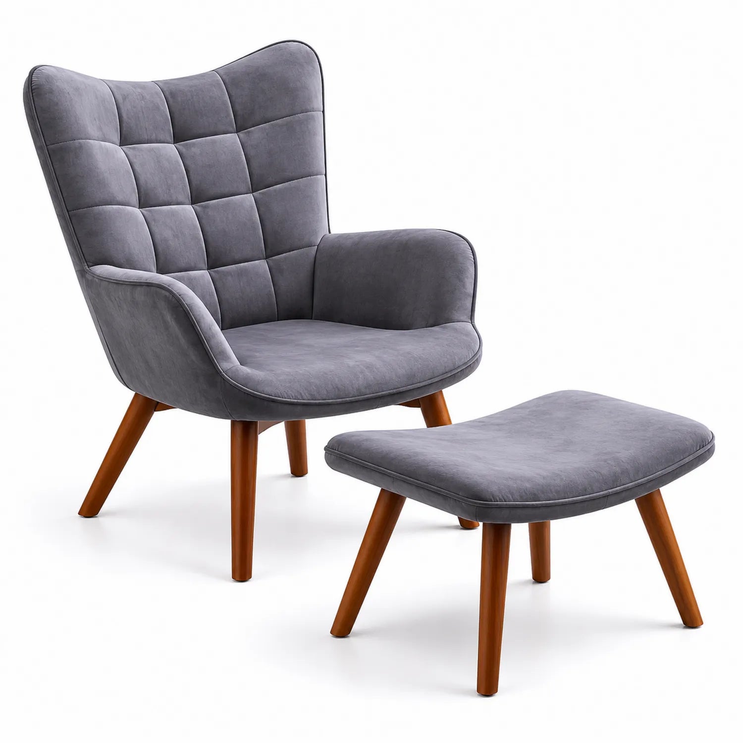 Poltrona con Poggiapiedi in Tessuto Grigio e Legno