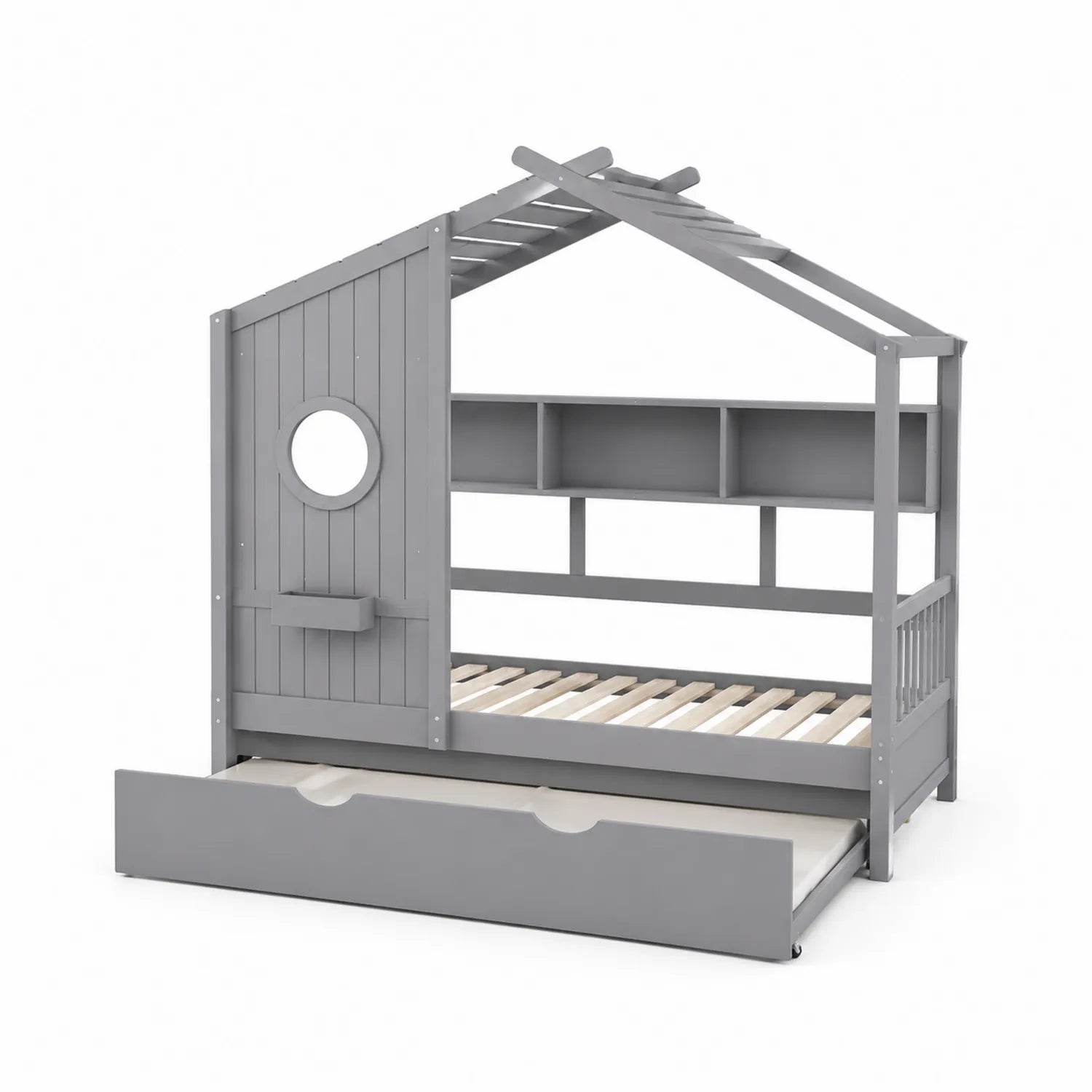 Letto a Forma di Casa in Legno di Pino Grigio con Cassetto