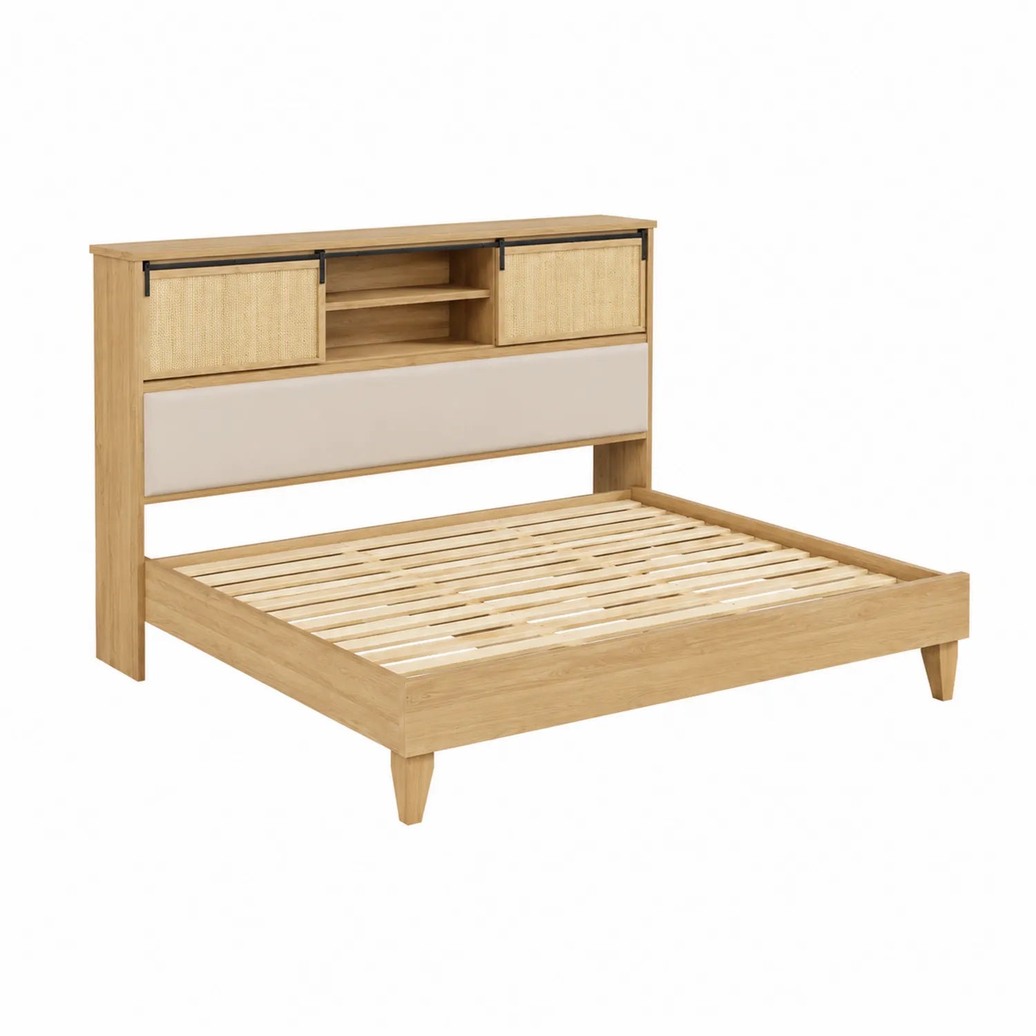 Letto matrimoniale in legno con testiera in rattan 200x150 cm