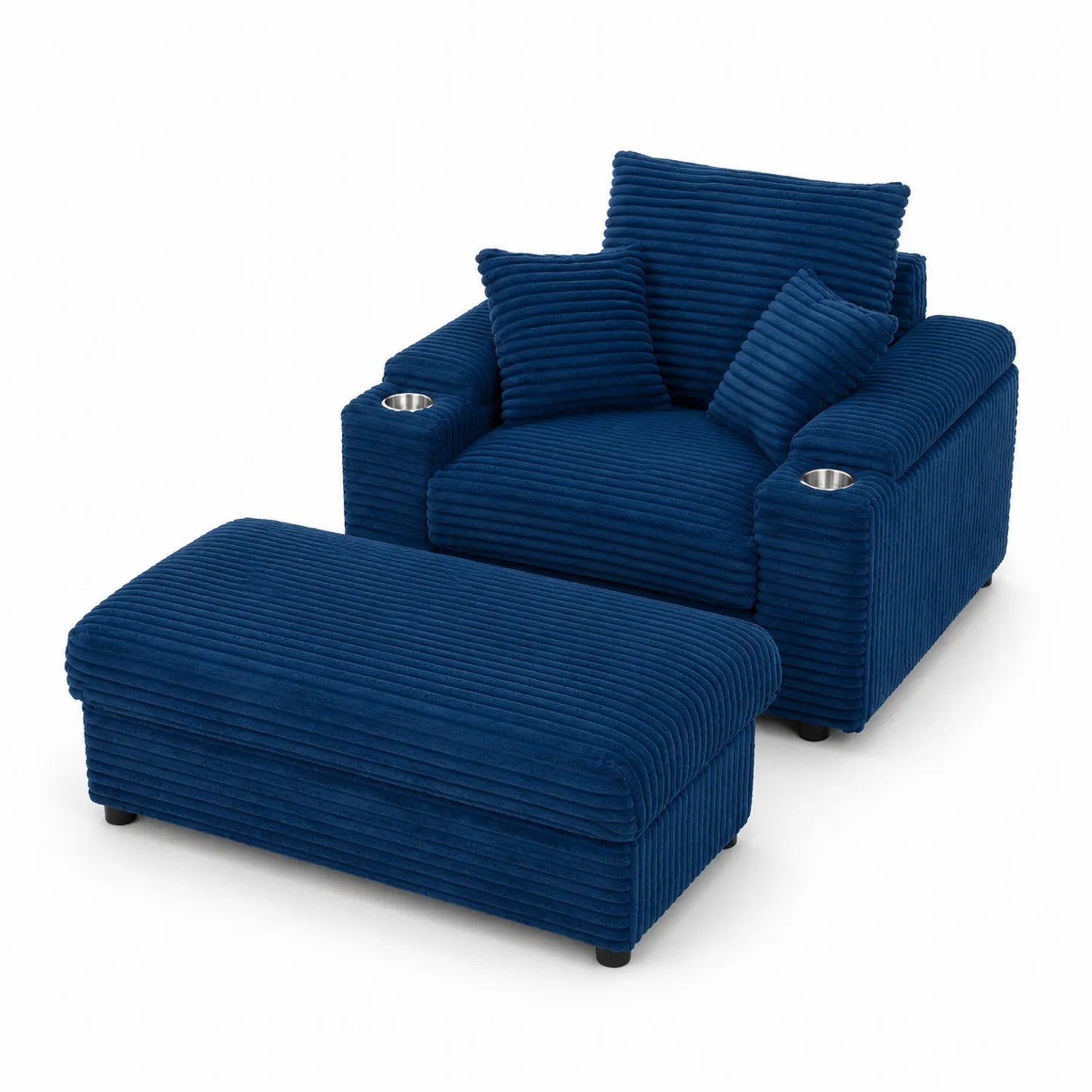Poltrona e Pouf in Tessuto a Coste Blu con Porta Bicchieri