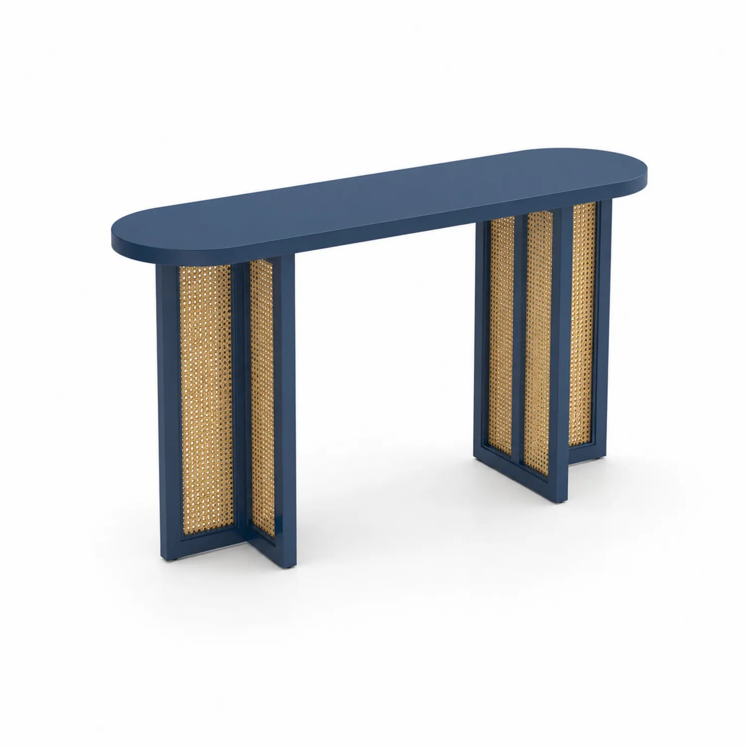 Consolle Ovale in Legno Blu con Inserti in Rattan