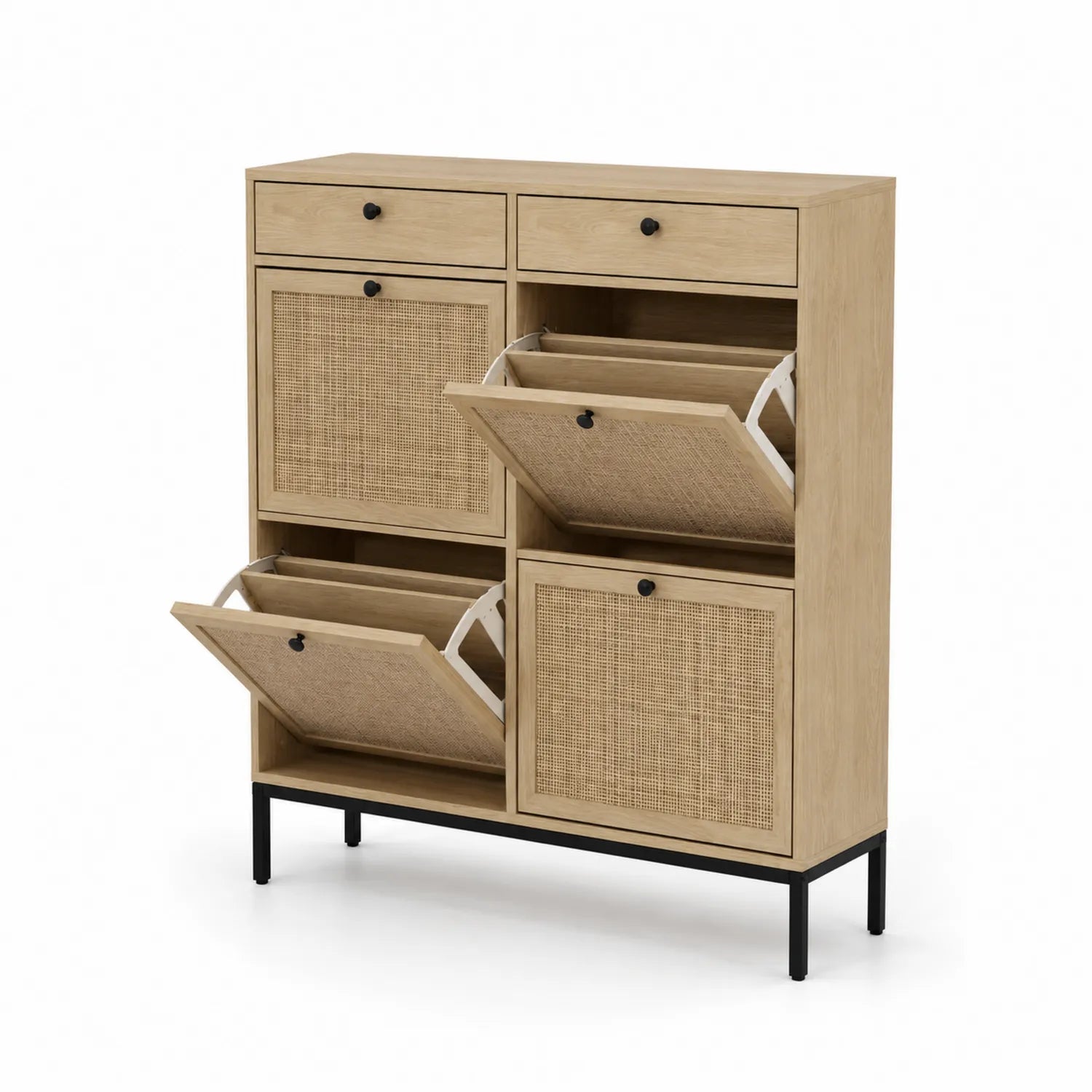 Scarpiera in Legno con Ante in Rattan e Struttura in Metallo