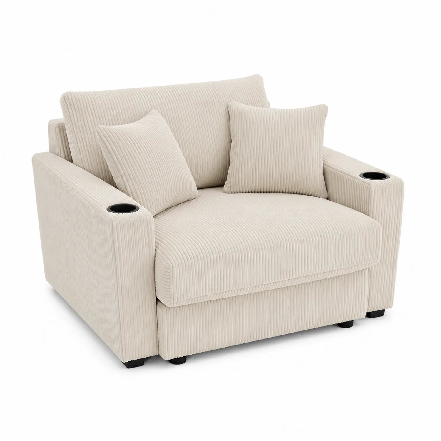 Divano in velluto a coste beige con portabicchieri