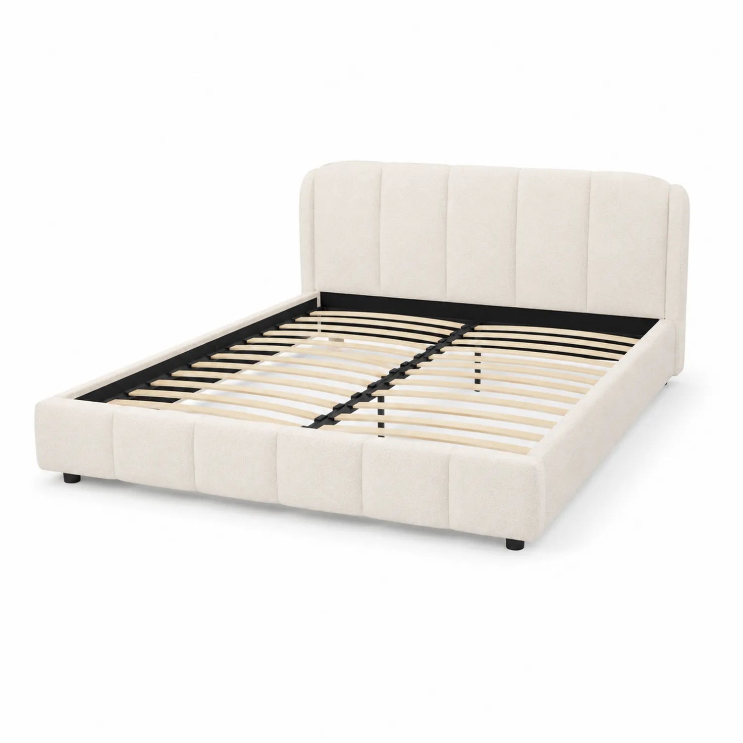 Letto matrimoniale in tessuto beige con struttura in legno e metallo 200x160 cm