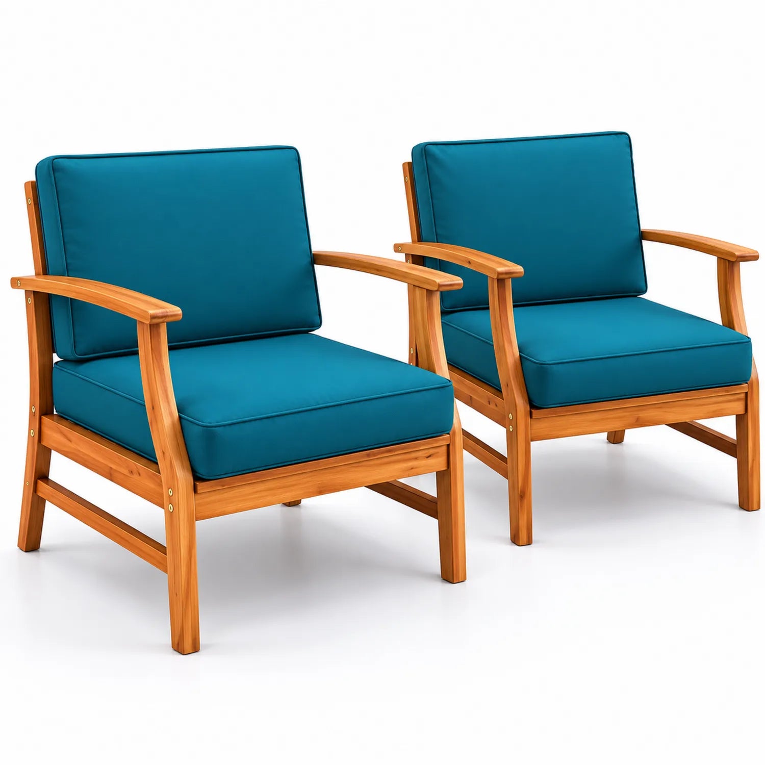 Set di 2 Poltrone da Esterno in Legno con Cuscini in Poliestere Blu
