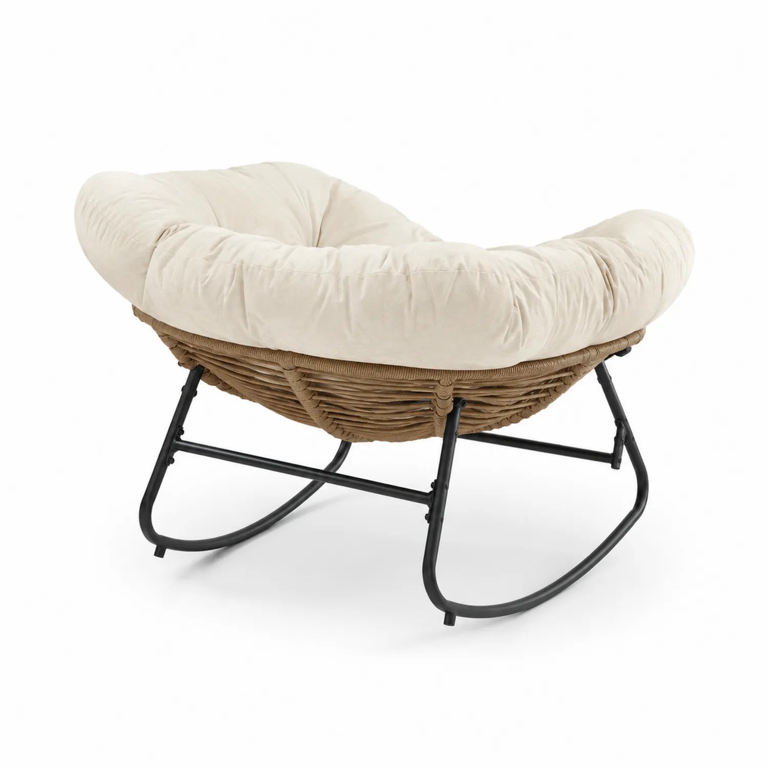 Sedia a dondolo in metallo e rattan con cuscino in tessuto