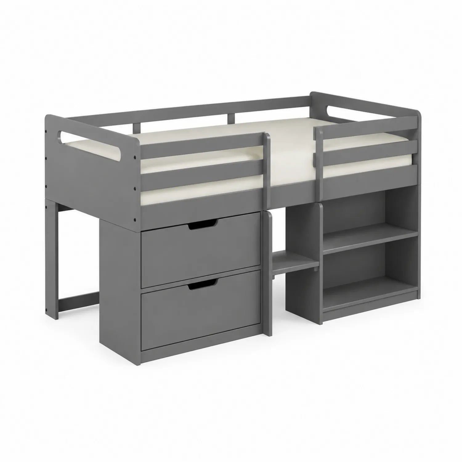 Letto a Soppalco per Bambini in Legno con Cassetti e Scaffali Grigio