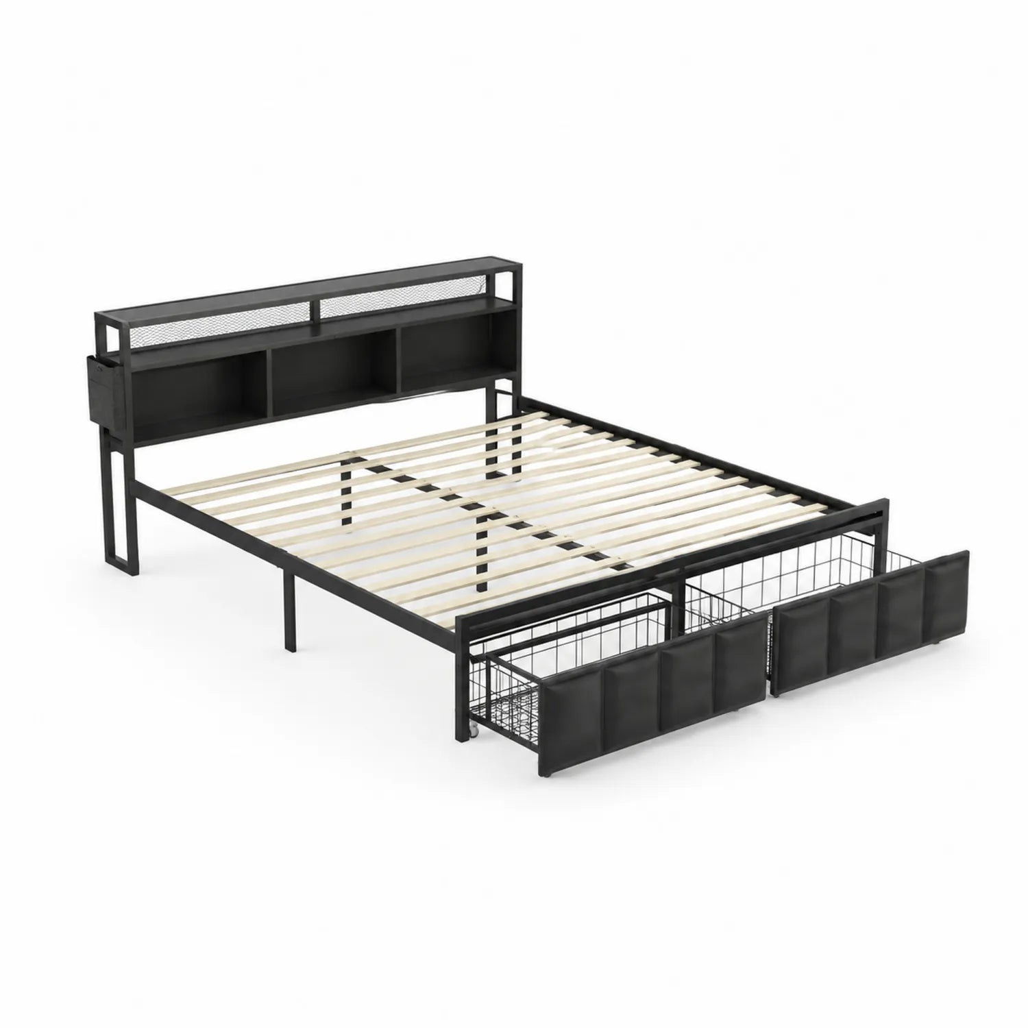 Letto matrimoniale in metallo nero con testiera e cassetti
