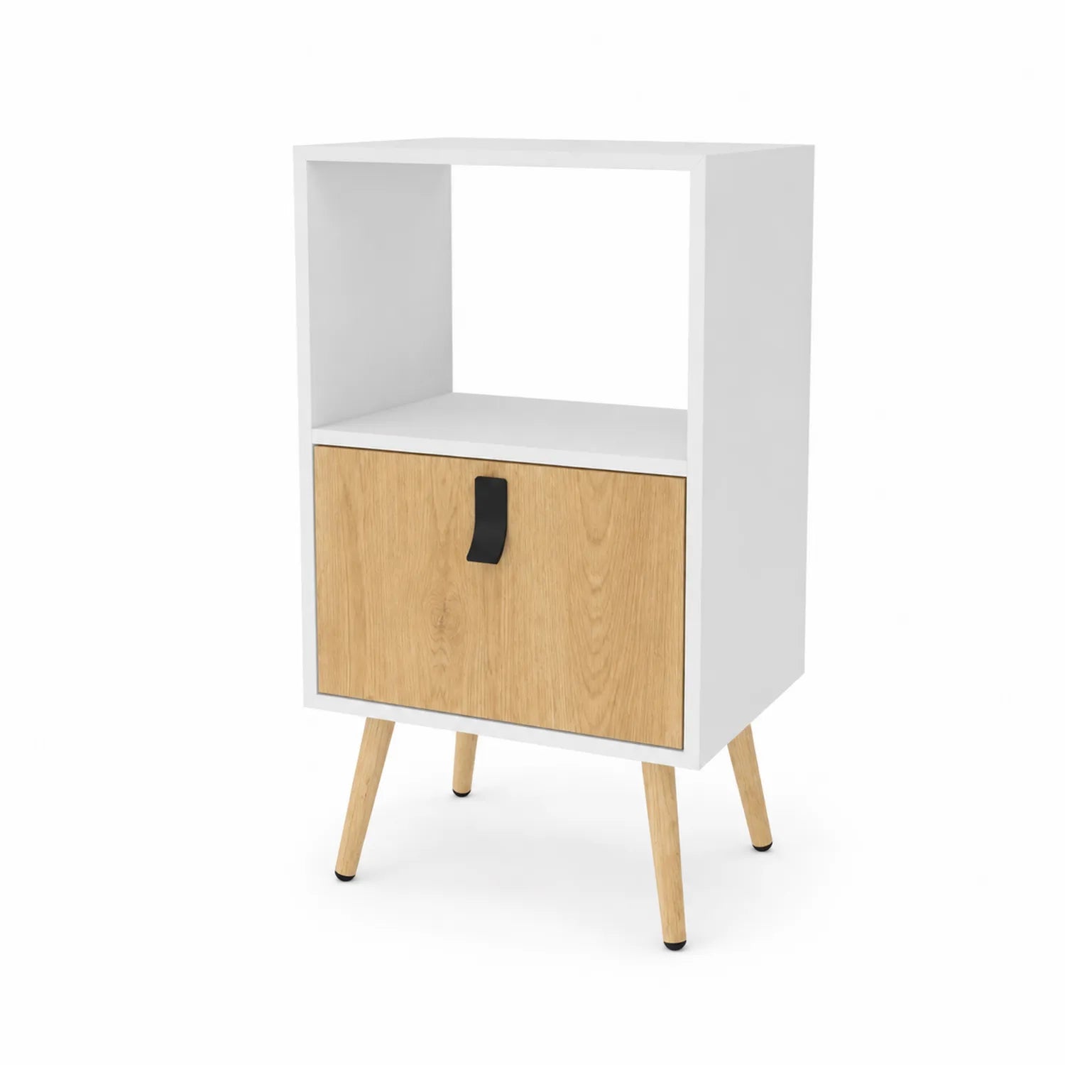 Comodino in Legno e MDF con Anta e Ripiano Aperto Bianco/Naturale