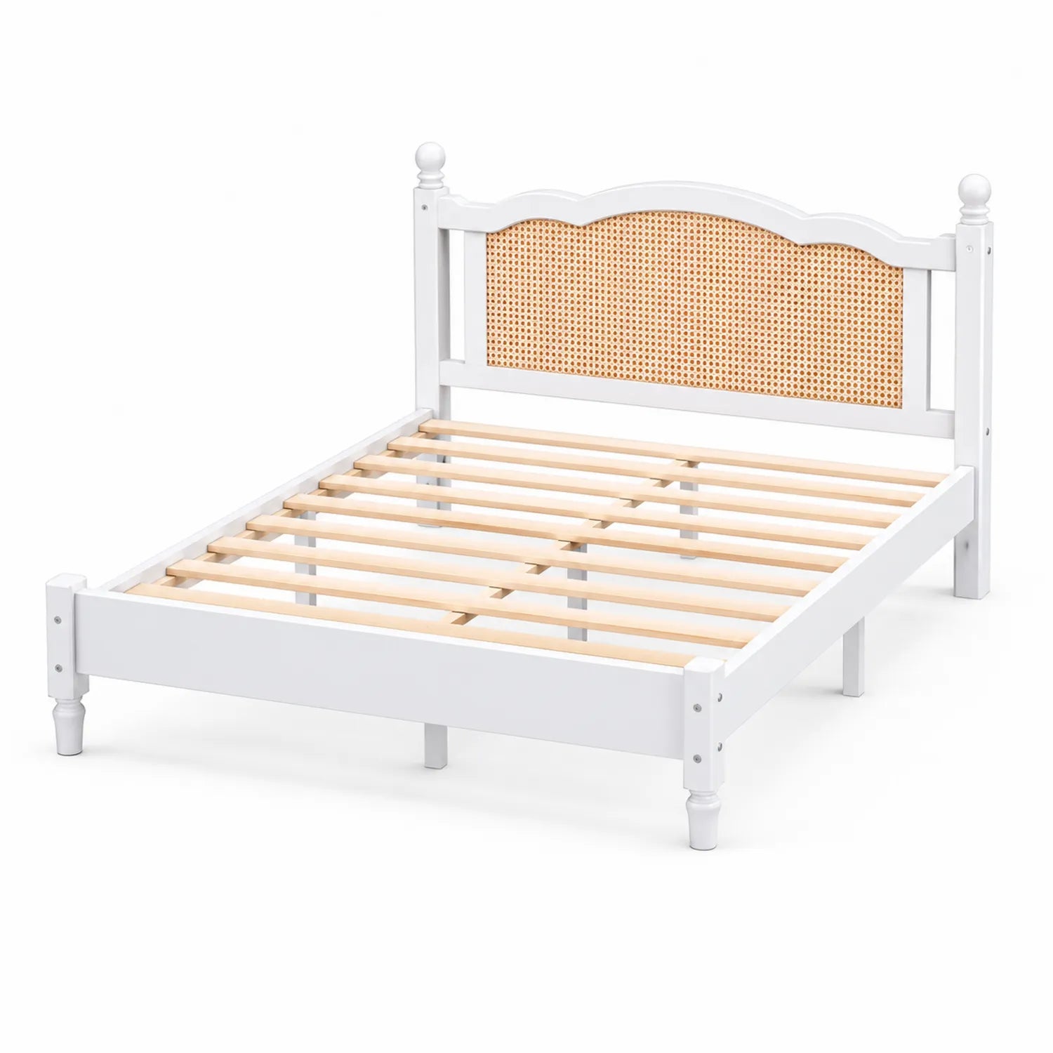 Letto matrimoniale in legno con testiera in rattan intrecciato